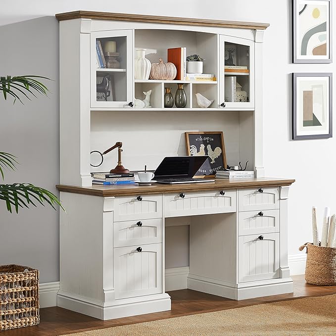 OKD Farmhouse Hutch for 60" Executive Desk, Office Desk Storage Cabinet with Glass Doors and Shelves, Top Hutch Organizer for Home Office - Antique White