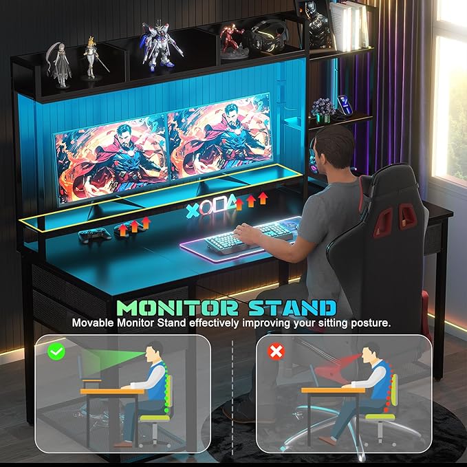 Aheaplus Desk with LED and Outlets, Gaming Desk with Hutch, 55.2'' Computer Desk with Drawers, Reversible Office Desk with Storage Bookshelf Large Workstation Desk with Shelf, Desk for Home, Black