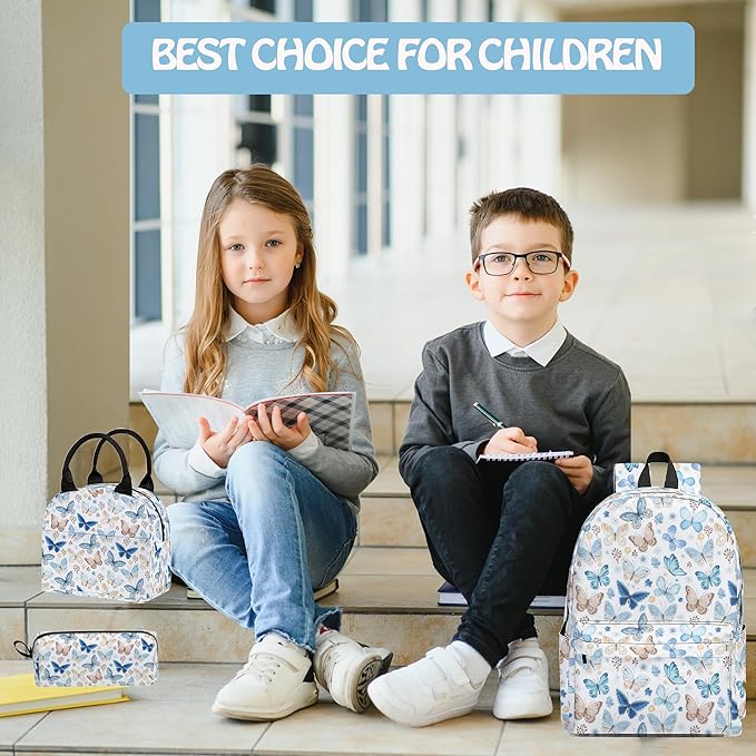 Butterfly 3PCS Backpack Set for Teens Elementary Middle High School, 17 Inch Lightweight Classic Bookpack 3 in 1 Set for Girls Boys, Kids Back to School Backpack with Lunch Box Pencil Case
