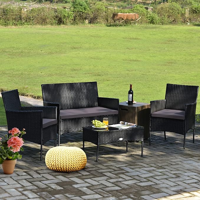 Tangkula 4 Pieces Patio Rattan Conversation Set, Outdoor Wicker Furniture Set with Tempered Glass Coffee Table &Thick Cushion, Rattan Chair Wicker Set for Garden, Lawn, Poolside and Backyard