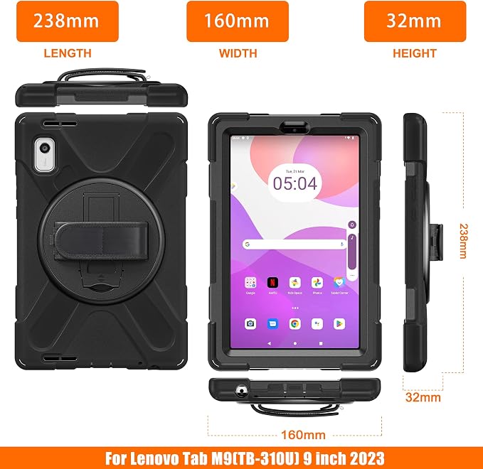 Junfire Protective Case for Lenovo Tab M11/Tab K11 LTE 11-inch 2024 Shockproof Rugged Case with 360°Rotating Stand/Hand Strap/Shoulder Strap/Pencil Holder for TB-330FU/330XU-Black