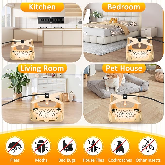 Flea Trap for Inside Your Home - 6 Bulbs & 8 Sticky Glue Boards for Bed Bug Control, Flying Insects Killer, Trap Pest Control for Bugs Gnats Moths Indoor and Outdoor(Off-White)