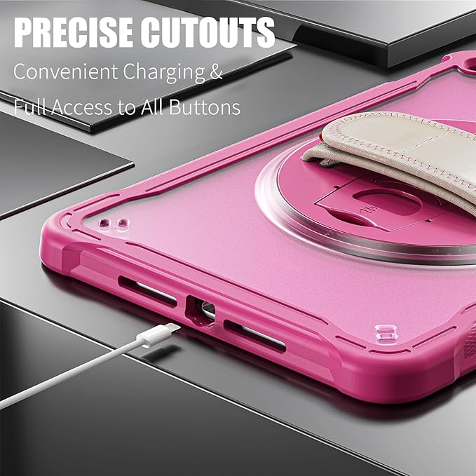 ZenRich Clear Case for iPad 9th/8th/7th Generation 10.2 inch 2021/2020/2019, Shockproof Slim Hard Case with Pencil Holder/360°Rotating Kickstand/Handle/Carrying Strap, Rose