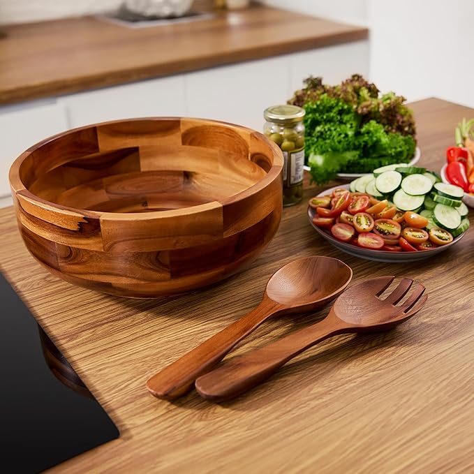 12" Salad Bowl Set with 2 Wooden Hands - Large Acacia Wood Serving Bowl with Serving Utensils - Big Mixing Bowl for Fruits, Salad,Pasta for Kitchen Counter (12" Diameter x 4.5" Height)