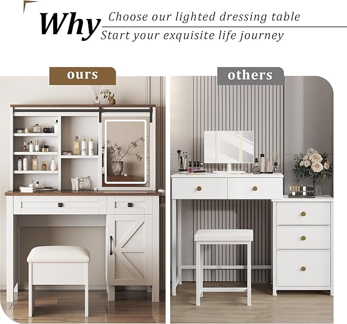 Vanity Desk and Chair Set with Sliding Mirror and Lights, 42" Glass Top White Vanity with Power Outlet, Makeup Vanity Table with 3 Color Modes Adjustable Brightness, Dressing Table for Bedroom