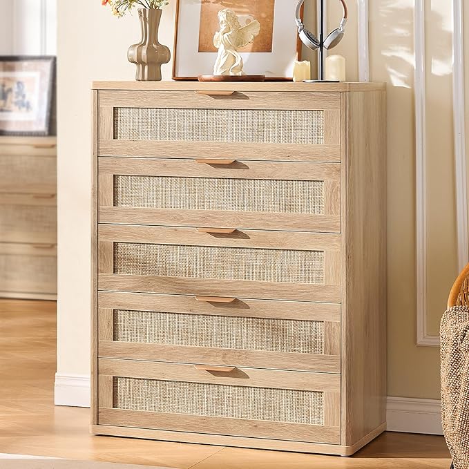 LEYAOYAO Rattan Dresser for Bedroom, 41" Tall Dressers Chest of Drawers, Boho Small Dressers with 5 Drawers, Natural Wood Dresser Wooden Closet Organizer for Living Room, Hallway