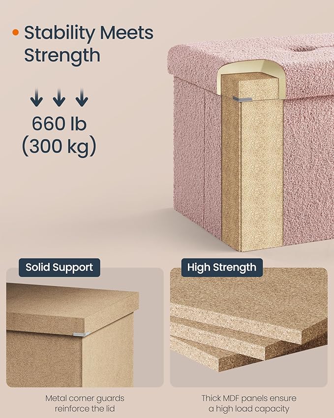 SONGMICS Storage Ottoman Bench, Storage Chest, 15 x 43 x 15 Inches, Foot Rest Stool, End of Bed Bench, Load up to 660 lb, for Living Room, Bedroom, Entryway, Jelly Pink ULSF097R01