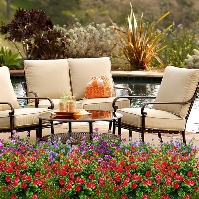 10 Bundles Artificial Fake Flowers, Faux Outdoor Plastic Plants UV Resistant Shrubs Outside Indoor Decorations (Red-Eucalyptus)