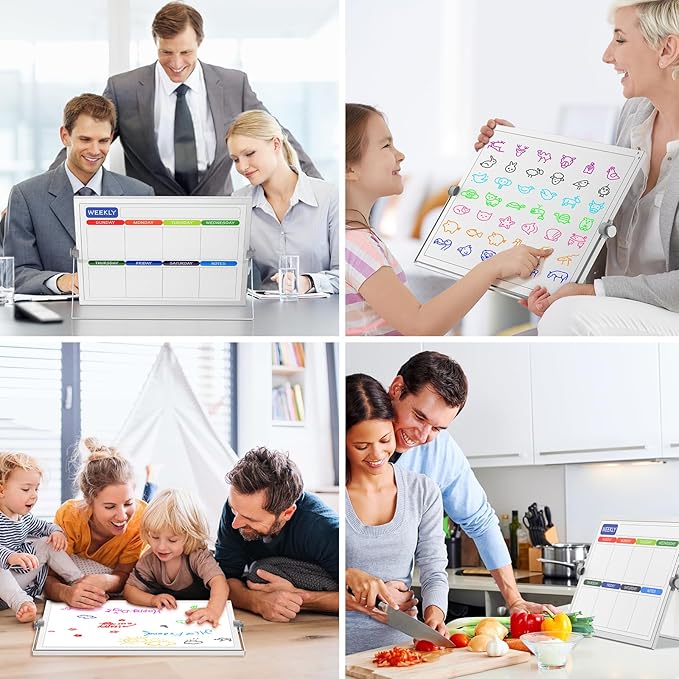 Weekly Dry Erase White Board, 16X12IN Magnetic Desktop Whiteboard Calendar with Stand, 8 Markers, 4 Magnets, 1 Eraser, Portable Double-Sided White Board Easel for Kids Memo to Do List Desk