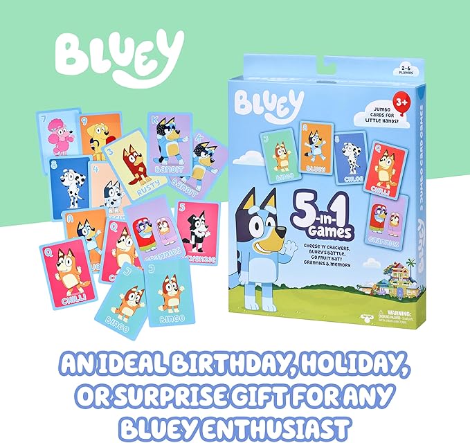 Bluey 5-in-1 Card Game Set, Jumbo-Sized 53-Deck Toddler Game, Multi-Color Interactive Play Card Games for Kids of Ages 3+