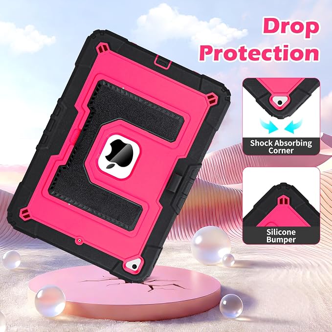 VOFUOE for iPad 9th/ 8th/ 7th Generation Case with Foldable Stand Shoulder Strap Pencil Holder 3 in 1 Heavy Duty Hard Protective Cover for iPad 10.2 Inch 2021/2020/2019 -Black&Hot Pink