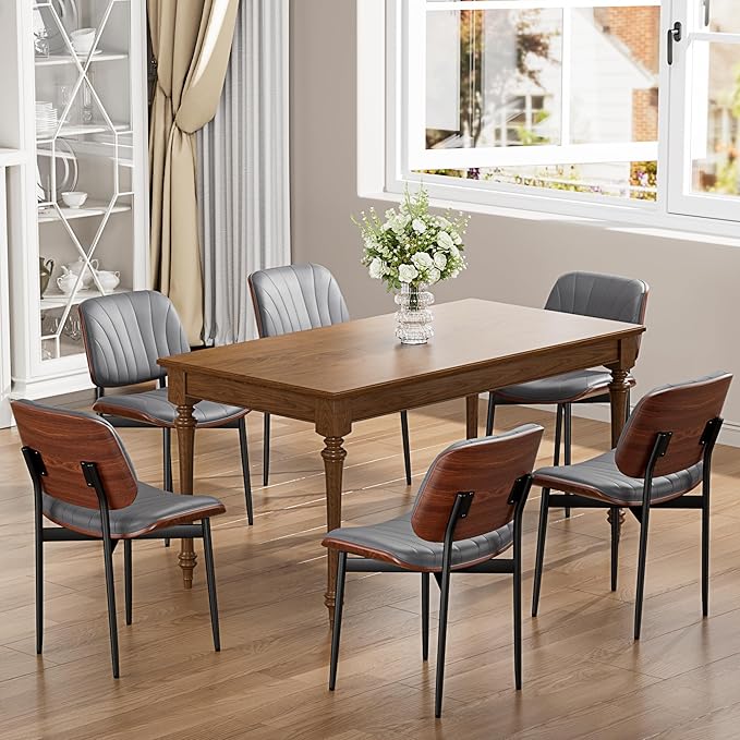 Dining Chairs Set of 8, Dining Room and Kitchen Chairs, Mid Century Modern Accent Chair, Upholstered PU Leather Chairs for Vanity with Walnut Bentwood and Metal Legs, Gray