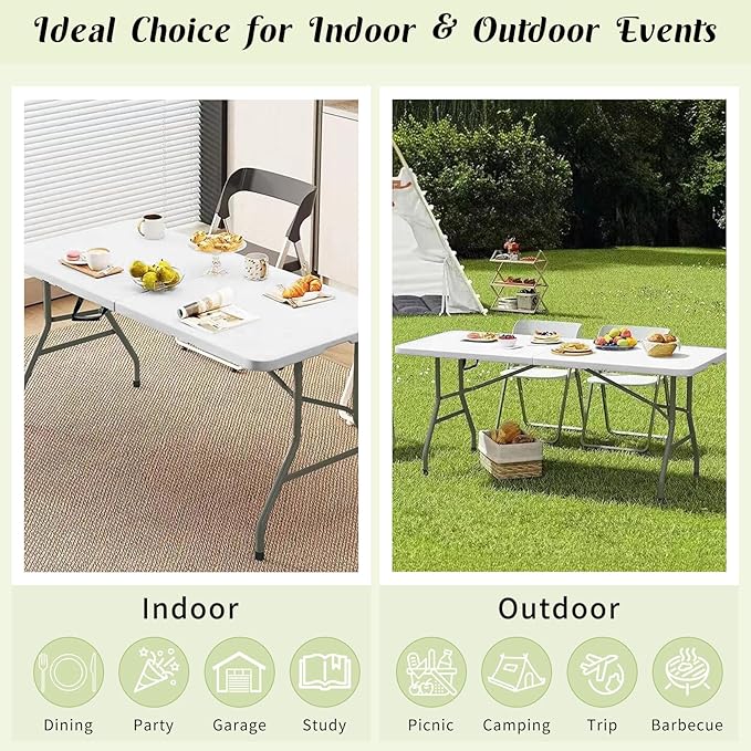 8 FT Folding Tables White Foldable Table, Fold-in-Half with Carrying Handle Portable Plastic Rectangular Table for Party, Dining, Wedding, Camping, Picnic, Indoor Outdoor Events