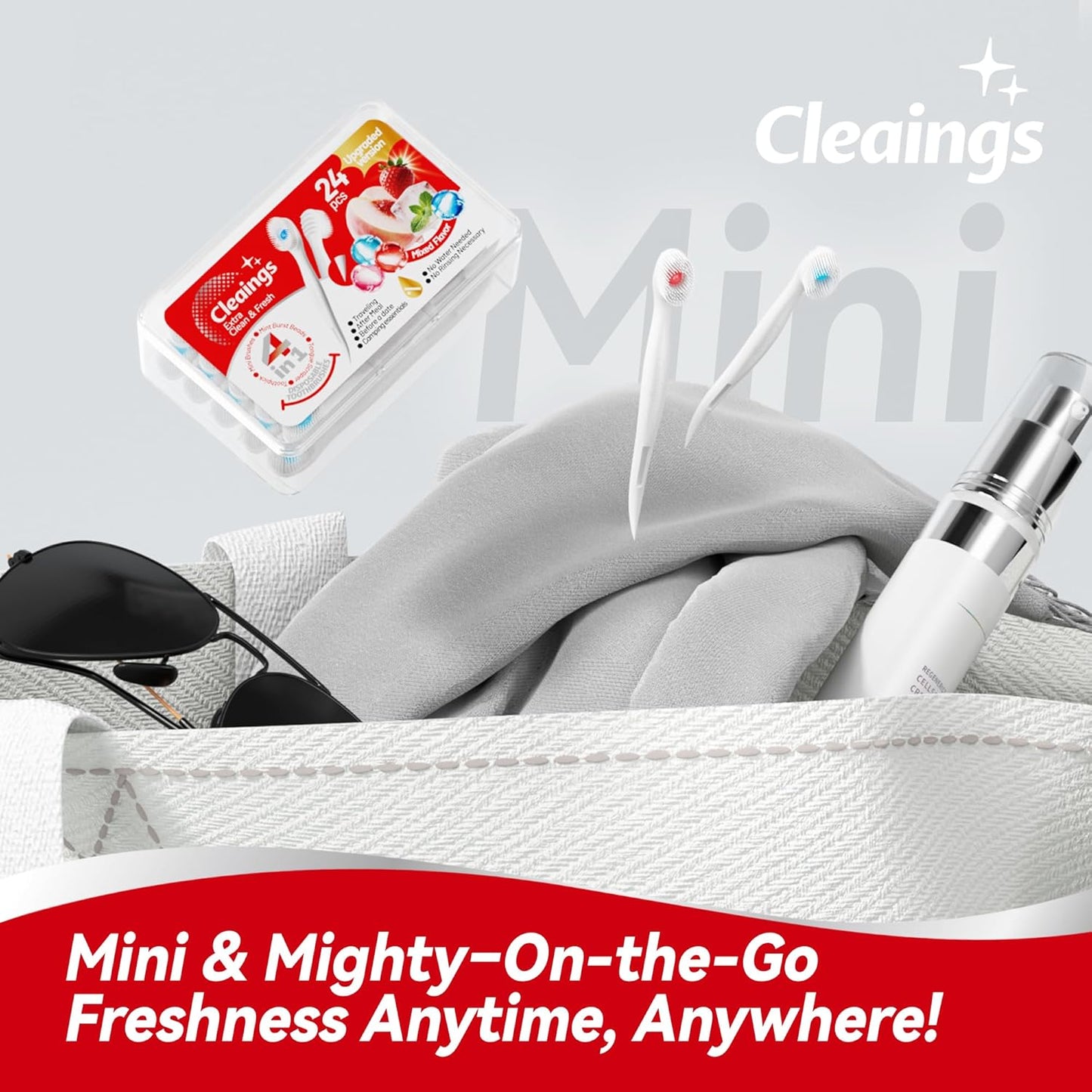 cleaings® Mini Disposable Toothbrush Set with Toothpaste – Travel Essentials, Portable Toothbrush for Women & Men, Camping, Road Trip, Vacation, 24 Count-Ice Strawberry Flavor(Pack of 5)