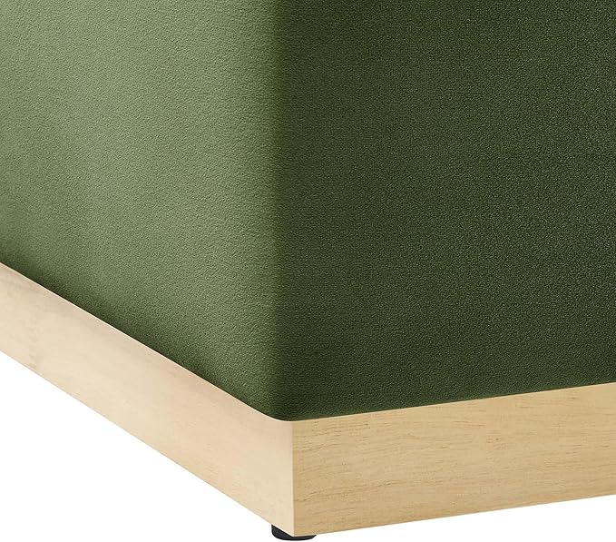 Modway Tilden 28 Inch Square Performance Velvet Upholstered Ottoman in Moss Green Natural - Large Ottoman Foot Rest with Rubberwood Plinth Base, Living Room Ottoman Coffee Table - Velvet Ottoman Table
