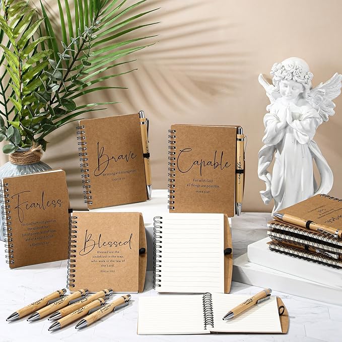 Kosiz 12 Sets Christian Gifts Bulk Inspirational Bible Verse Spiral Notebook and Religious Bamboo Ballpoint Pen Journal with Scripture for Easter Church Member First Communion Teacher Holy Week (Brown)
