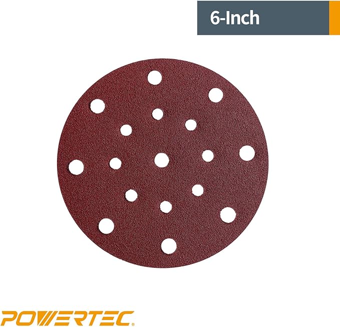 POWERTEC 45808, 6" x17 Holes, 80 Grit, A/O Hook and Loop Disc for Festool RO150 / ETS 150 Sander, Red, 50PK