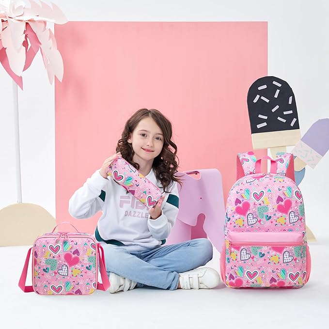 Kids Backpacks for Girls School Backpack for Kids Backpack with Lunch Box Bookbag for Girls Preppy Aesthetic Backpacks Back to School Supplies Kit