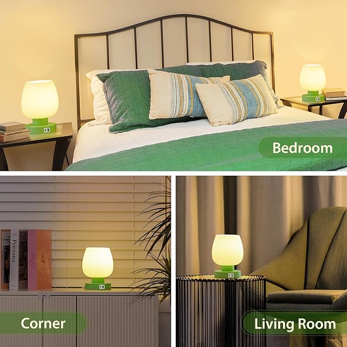 Touch Bedside Table Lamp with USB Charging - Modern Green Small Lamp for Bedroom Living Room Nightstand, Desk lamp with Glass Lamp Shade, Warm LED Bulb Included, 3 Way Dimmable, Simple Design
