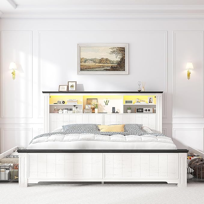 EnHomee Queen Bed Frame with Headboard, Bed Frame Queen Size with 4 Storage Drawers, Queen Bed with LED Lights & Charging Ports,No Box Spring Needed,NO Noise,Wooden, White