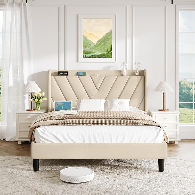 koorlian Full Size Bed Frame, Full Bed Frame with Headboard, Adjustable Upholstered Bed Frame with Type-C&USB Port, Wingback Storage Headboard, Noiseless, No Box Spring Needed, Beige