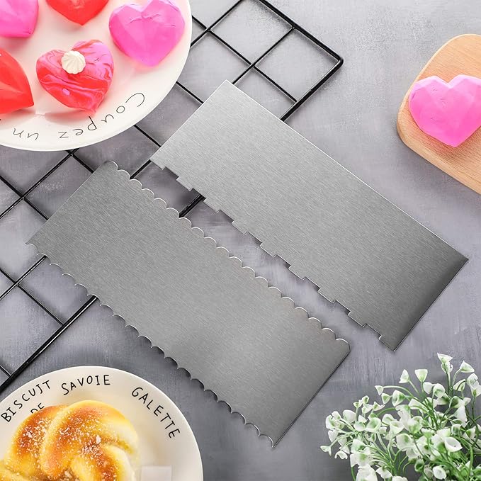 2 Pcs 9 in Double Sided Comb Stainless Steel Cake Scraper Smoother