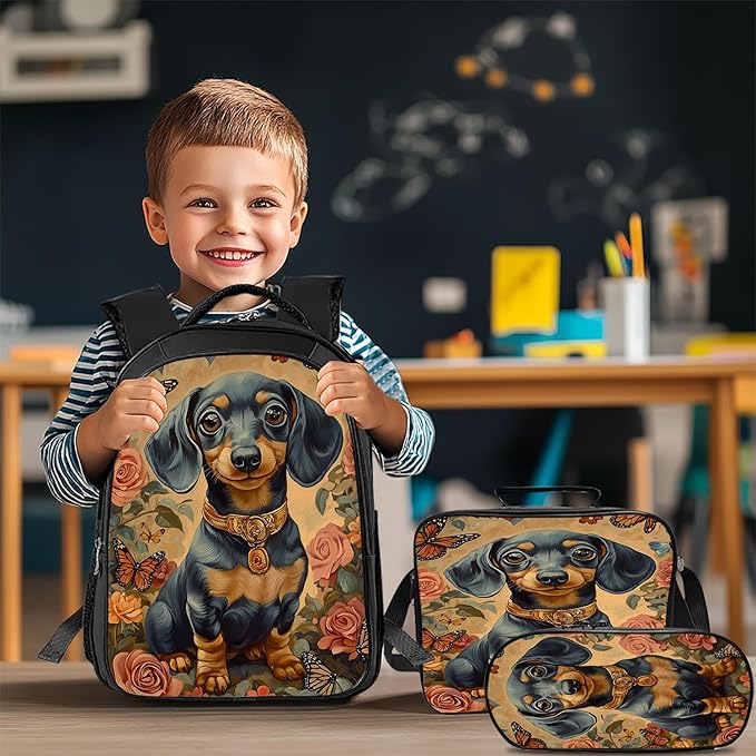 Cute Dachshund Backpack Set 3 Piece School Bags and Lunch Box with Pencil Case Funny Flower Dog Animal Bookbag Set for Toddler Kids Girls Boys Teens Kindergarten Elementary Middle
