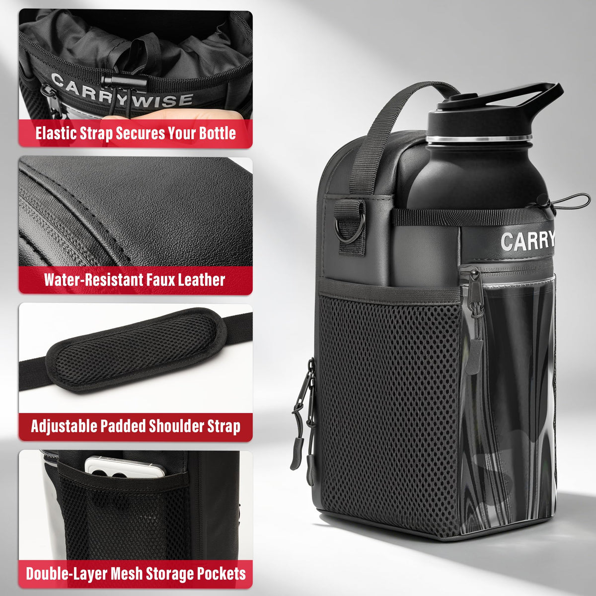 Magnetic Gym Bag, Gym Bags for Men and Women, Hands-Free Water Bottle Holder with Strap & Touchscreen Pocket, Attachable Water Bottle Bag for Treadmill, Workout & Fitness Equipment (No Bottles)