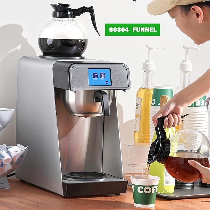 NUPANT 12-Cup Commercial Drip Coffee Maker 1.8L Auto Filling Pour Over Coffee Machine with 2 Glass Carafes, 2 Warmers, LCD Panel, Automatic Stainless Steel Coffee Brewer for Cofe Bar and Restaurant