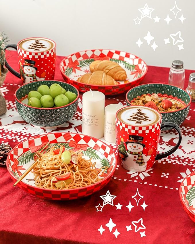 HASENSE Cereal Bowls Set of 6, 20 oz Christmas Ceramic Soup Bowls, Small Serving Dishes Set for Kitchen, Ideal for Salad, Pasta, Oatmeal, Ramen, Fruit, Dishwasher & Microwave Safe