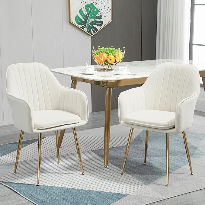 ECOTOUGE Modern Dining Chairs Set of 2, Upholstered Dining Room Chairs with Golden Metal Legs, Matte Velvet Kitchen Chairs for Dining Table, Accent Chairs for Living Room, Beige