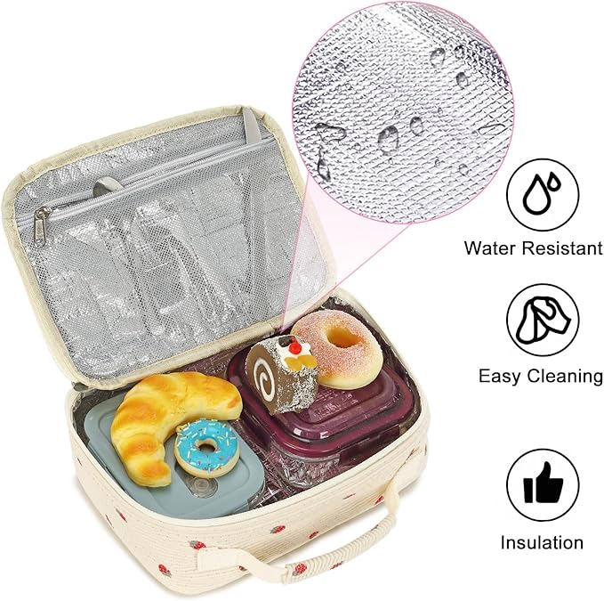 Bluboon Insulated Lunch Bag for Girls & Boys, Corduroy School Lunch Box with Cooler & Organizer Compartments, Leak-Proof Lunch Tote for School, Travel (Corduroy Strawberries Beige)