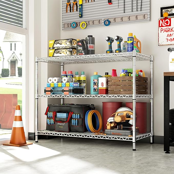 3- Shelf Metal Shelving Unit 35.6Wx14Dx36H,Adjustable Storage Shelves Heavy Duty Garage Steel Shelving for Office,Wire Rack Small Shelf for Kitchen Shelves Laundry Bathroom Pantry Closet,Chrome
