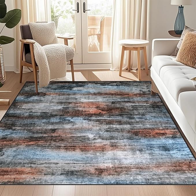 WILLSUN Washable Area Rugs, 5x7 Non-Slip Boho Large Area Rugs for Living Room, Bedroom, Machine Washable Vintage Rug, Indoor Floral Print Carpet for Home Decor, Kid & Pet Friendly Mat