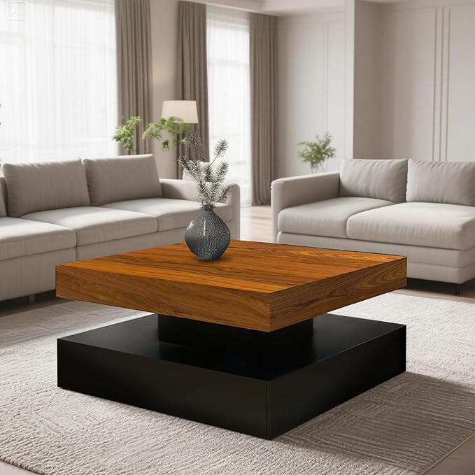 LED Coffee Table for Living Room, 2-Tier Modern Square Center Table with Music Sync Lights, High Gloss Surface, 30 3/4" x 30 3/4" (Rustic Brown+Black)