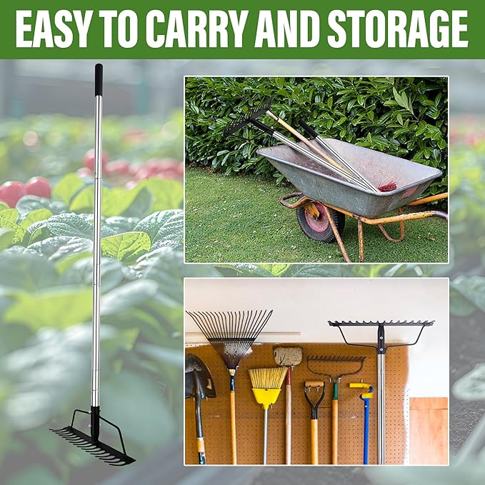 15 Inch Wide Bow Rake, 16 Steel Tines Metal Head Rake Tool with Stainless Steel Handle, Adjustable Long Handle Garden Rake for Loosening Soil Leveling Mulch Gathering Lawns Leaves