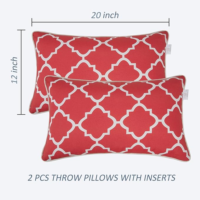 JMGBird 12×20 Inch Outdoor Lumbar Pillows Pack of 2 Waterproof Throw Pillows with Insert Rectangular Decorative Garden Cushion for Home Furniture Patio Coach Sofa (Red)