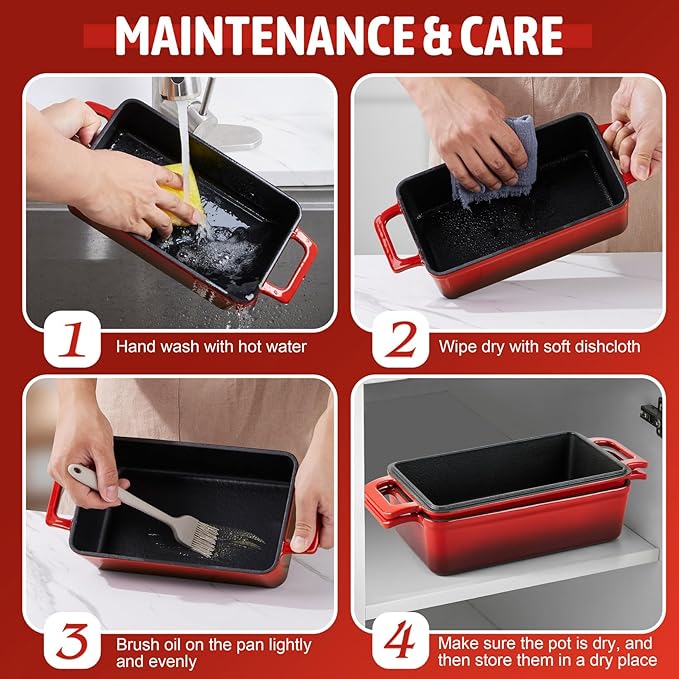 P&P CHEF 2-In-1 9 x 5 Inch Cast Iron Loaf Pan with Lid, Red