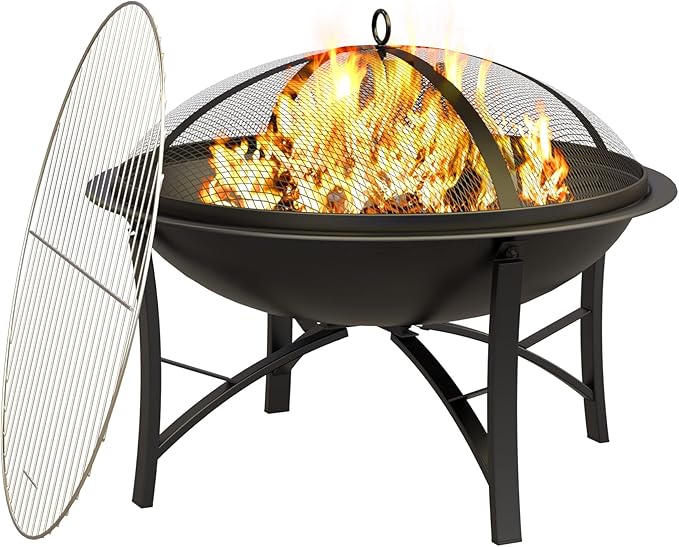 Fire Beauty Fire Pit for Outside Wood Burning,BBQ Grill Steel Fire Bowl with Cooking Grate,Spark Screen Cover,Log Grate,Poker for Camping Beach Bonfire Picnic Backyard Garden