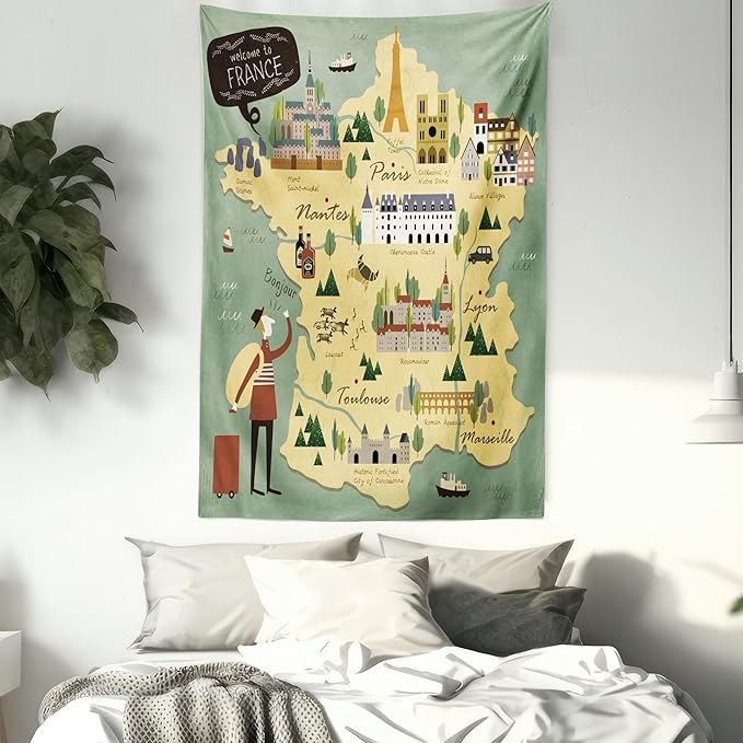 Ambesonne France Tapestry, Travelling Themed French Map with Famous Landmarks in Doodle Style Print, Fabric Wall Hanging Decor for Bedroom Living Room Dorm, 30" X 45", Teal Pale Yellow