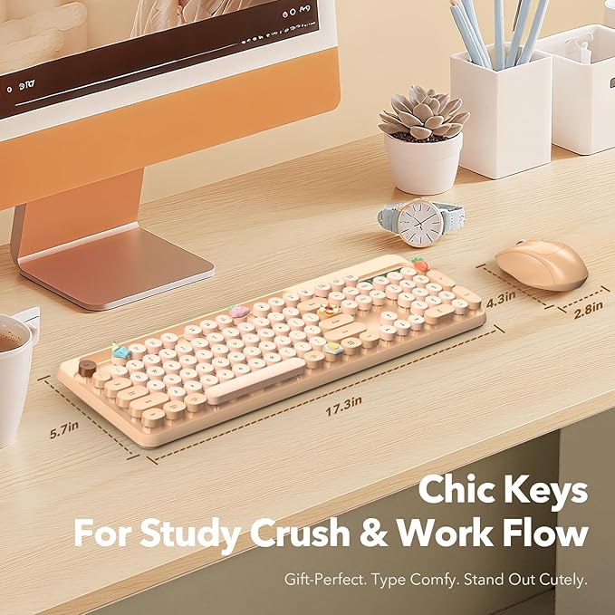 Wireless Keyboard and Mouse Combo, Retro Round Keycaps, Cute Full-Size Typewriter Keyboard with Phone Holder, Sleep Mode, 2.4GHz Cordless Connection for Windows/PC/Laptop (Milk-Tea Colorful)