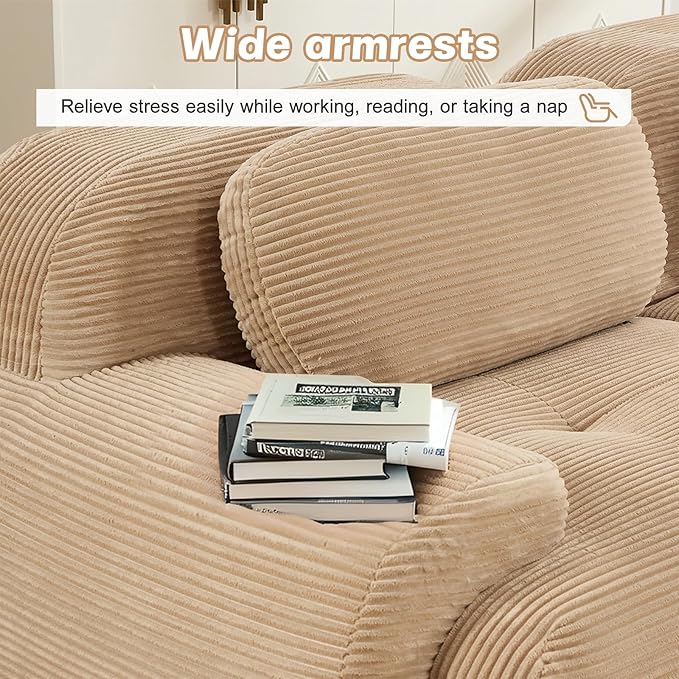 152" Modern Compressed Boneless Couch with Ottoman, 4 Seater Large L Shaped Sectional Couches for Living Room, Camel Corduroy Cloud Modular Sectional Sofa, Memory Foam, Extra Deep, No Assembly