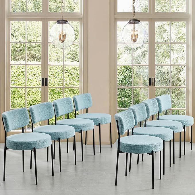 Blue Boucle Dining Chairs Set of 8, Upholstered Dinner Chair with Metal Frame, Dining Room Chairs with Padded Seat, Round Modern Seating for Living Room