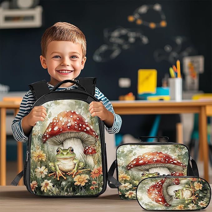 Mushroom Frog Backpack Set 3 Piece School Bags and Lunch Box with Pencil Case Green Cute Frogs Mushrooms Bookbag Set for Toddler Kids Girls Boys Teens Kindergarten Elementary Middle