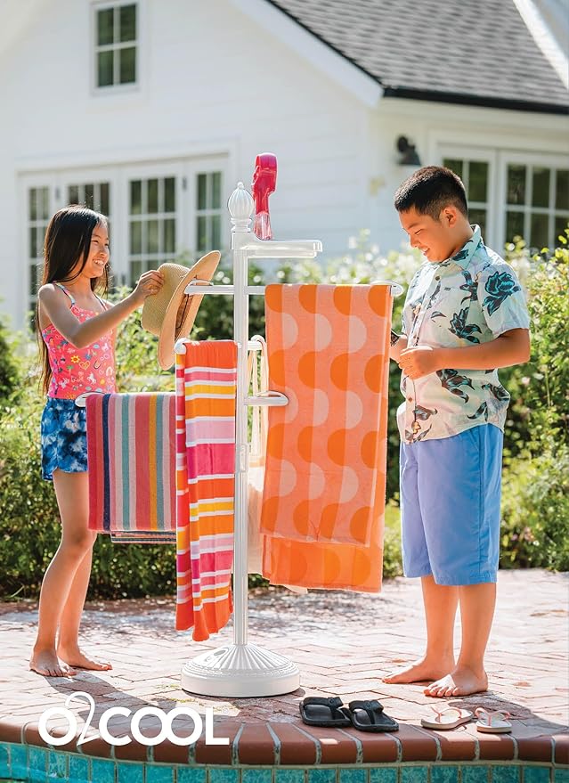 O2COOL Pool & Spa Valet, Adjustable Pool & Patio Towel Holder with Weighted Base, Outdoor Towel Bar, Poolside Table, White
