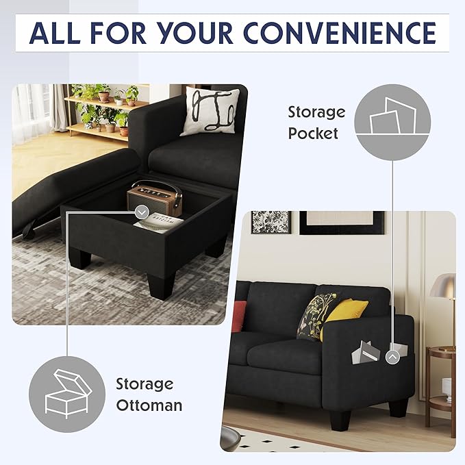 ZeeFu Convertible Sectional Sofa Couch: Classic 3 Seat L-Shaped Sectional Sofa Couches with Storage Ottoman - Modern Black Velvet Upholstered Sofa Set for Living Room Office Small Space Apartment
