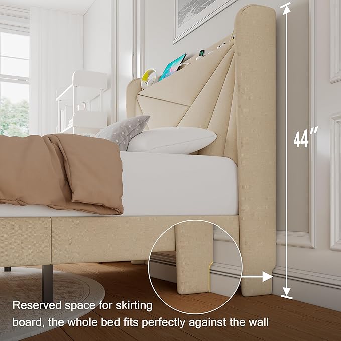 Twin Size Upholstered Bed Frame with Charging Station, Platform Bed Frame with Storage Headboard, Solid Wood Slats Support, No Box Spring Needed, Beige