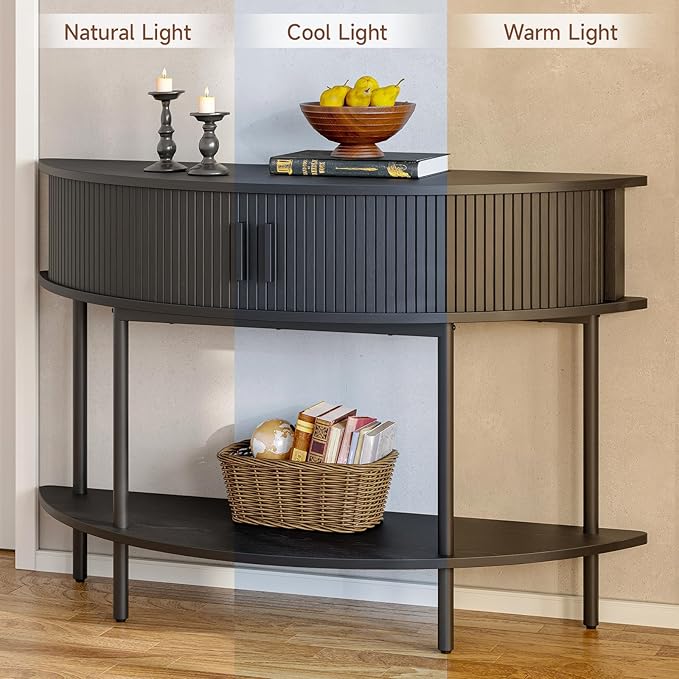 ONBRILL Half Moon Fluted Console Table, Entryway Table with Storage, Mid-Century Modern Sofa Tables, Behind Couch Tables, for Entryway, Hallway, Living Room, Small Spaces, Black