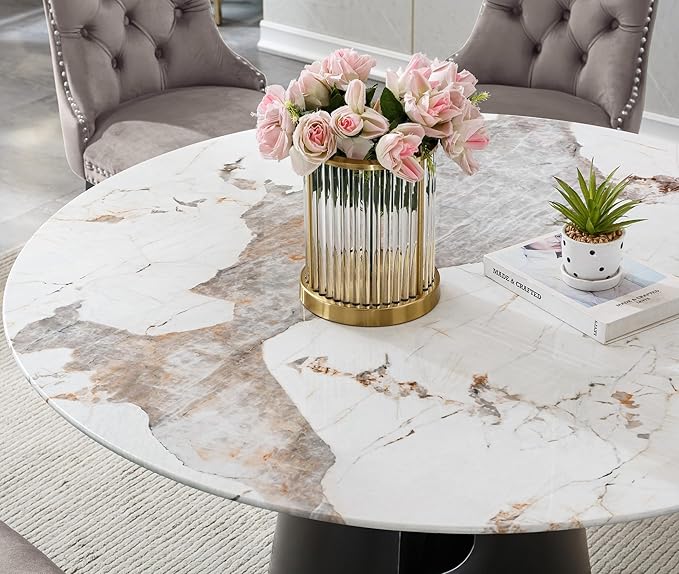 5-Piece Faux Marble Round Dining Table Set for 4, Modern Luxury Kitchen Table Set for 4 with Grey Tufted Chairs,Circle Dining Tables with Pandora Grain Top and Black Pedestal Base