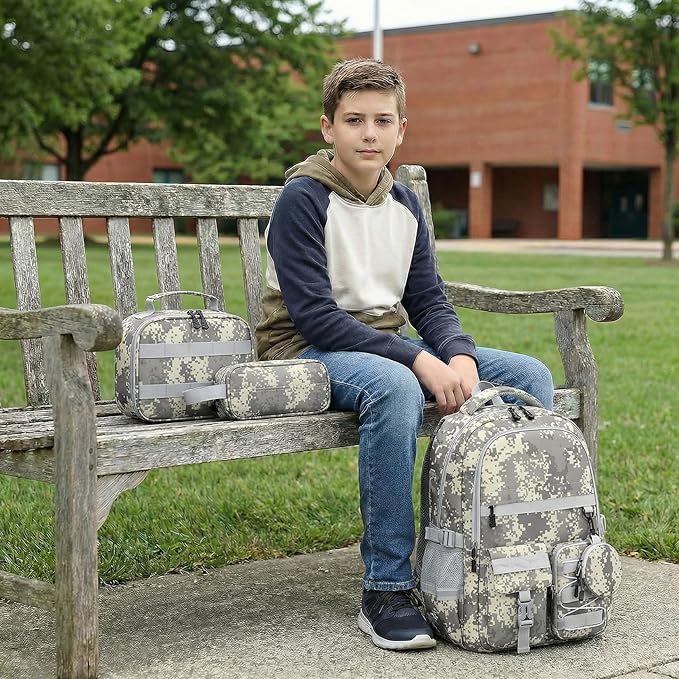 School Backpack for Boys - 5pcs Camo Boys Backpack with Lunch Box Set for Kids Teens Elementary Middle High School,18″ Large Capacity Students Bookbag
